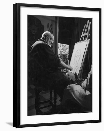 Henri Matisse at His Easel, Drawing from Live Model-Gjon Mili-Framed Premium Photographic Print