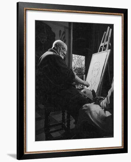 Henri Matisse at His Easel, Drawing from Live Model-Gjon Mili-Framed Premium Photographic Print