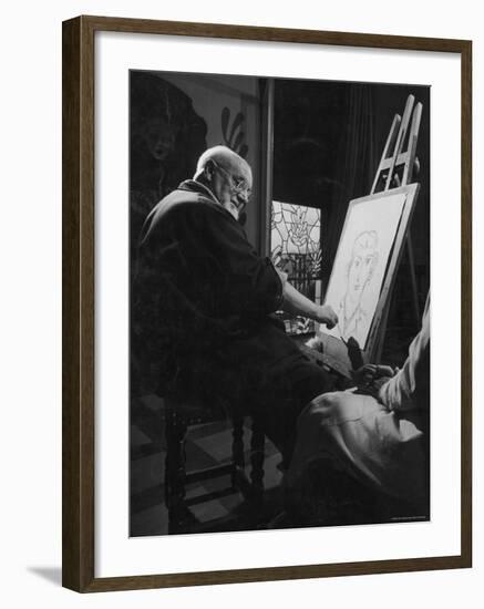 Henri Matisse at His Easel, Drawing from Live Model-Gjon Mili-Framed Premium Photographic Print