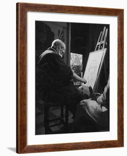 Henri Matisse at His Easel, Drawing from Live Model-Gjon Mili-Framed Premium Photographic Print