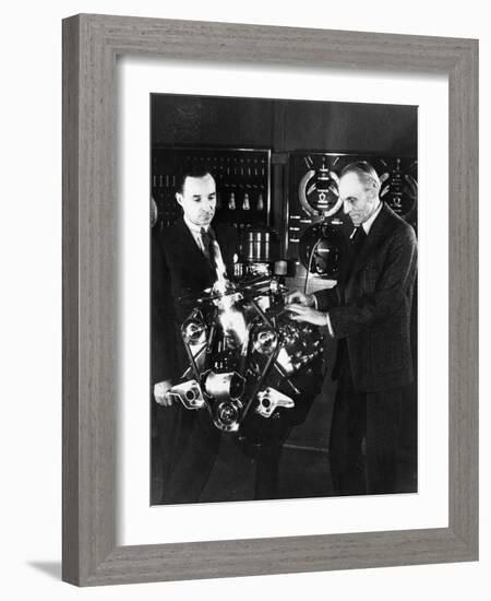 Henry and Edsel Ford with a Ford V8 Engine, C1940s-null-Framed Photographic Print