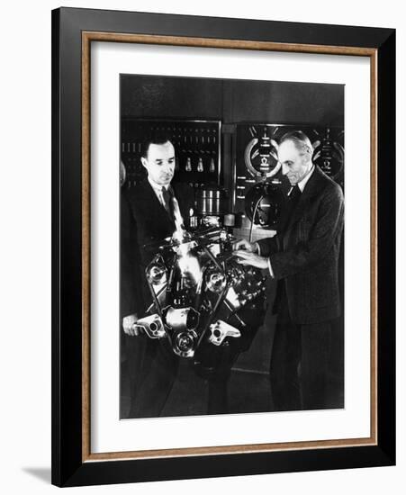 Henry and Edsel Ford with a Ford V8 Engine, C1940s-null-Framed Photographic Print