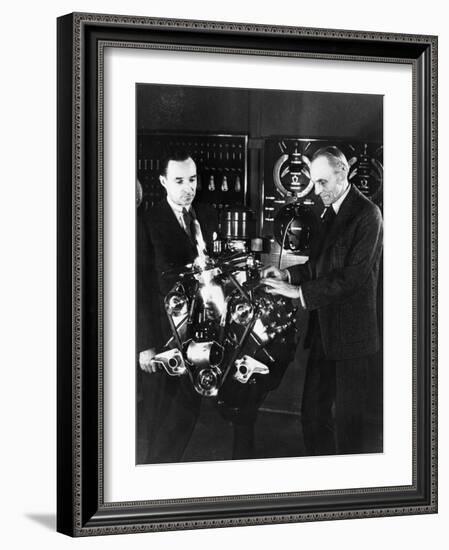 Henry and Edsel Ford with a Ford V8 Engine, C1940s-null-Framed Photographic Print