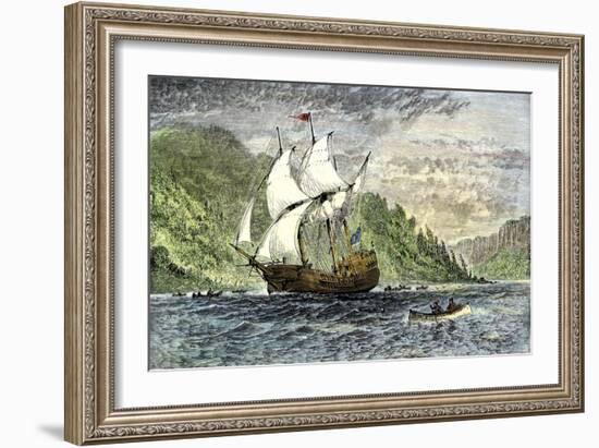 Henry Hudson's Ship, Half-Moon, Ascending the Hudson River, c.1609-null-Framed Giclee Print