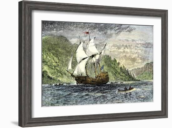 Henry Hudson's Ship, Half-Moon, Ascending the Hudson River, c.1609-null-Framed Giclee Print