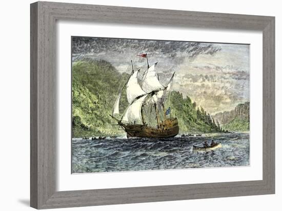 Henry Hudson's Ship, Half-Moon, Ascending the Hudson River, c.1609-null-Framed Giclee Print