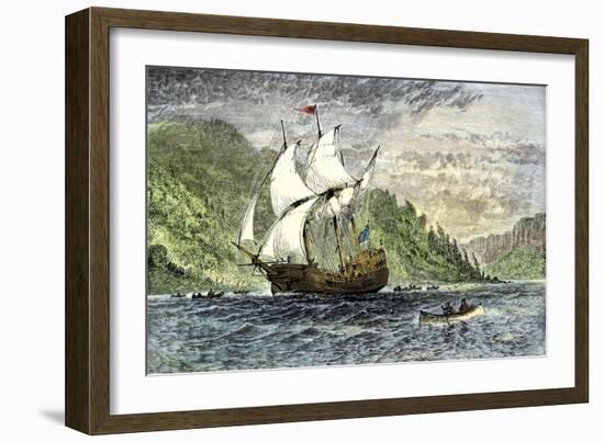 Henry Hudson's Ship, Half-Moon, Ascending the Hudson River, c.1609-null-Framed Giclee Print