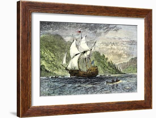 Henry Hudson's Ship, Half-Moon, Ascending the Hudson River, c.1609-null-Framed Giclee Print