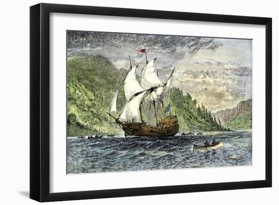 Henry Hudson's Ship, Half-Moon, Ascending the Hudson River, c.1609-null-Framed Giclee Print