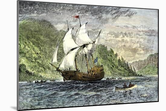 Henry Hudson's Ship, Half-Moon, Ascending the Hudson River, c.1609-null-Mounted Giclee Print