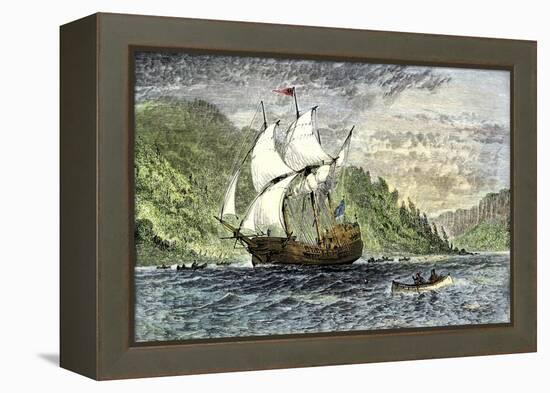 Henry Hudson's Ship, Half-Moon, Ascending the Hudson River, c.1609-null-Framed Premier Image Canvas