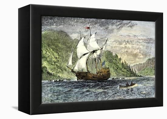 Henry Hudson's Ship, Half-Moon, Ascending the Hudson River, c.1609-null-Framed Premier Image Canvas