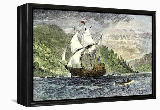 Henry Hudson's Ship, Half-Moon, Ascending the Hudson River, c.1609-null-Framed Premier Image Canvas