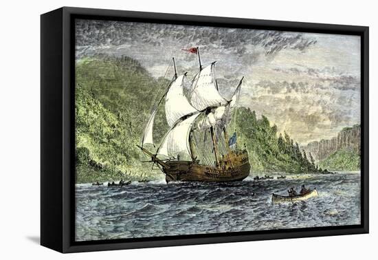 Henry Hudson's Ship, Half-Moon, Ascending the Hudson River, c.1609-null-Framed Premier Image Canvas