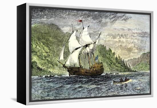 Henry Hudson's Ship, Half-Moon, Ascending the Hudson River, c.1609-null-Framed Premier Image Canvas