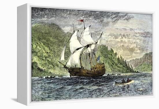 Henry Hudson's Ship, Half-Moon, Ascending the Hudson River, c.1609-null-Framed Premier Image Canvas