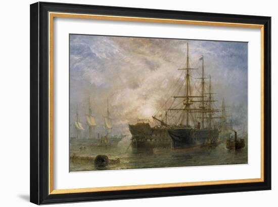 Her Majesty's Troop Ships receiving Stores in Portsmouth Harbour, 1880-Claude T. Stanfield Moore-Framed Giclee Print