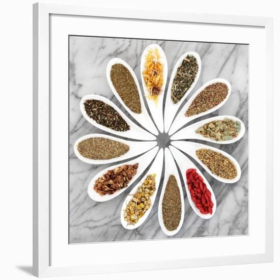 Herb Tea Selection In White Porcelain Dishes Over Marble Background-marilyna-Framed Art Print