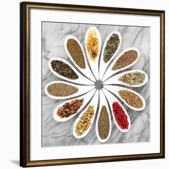 Herb Tea Selection In White Porcelain Dishes Over Marble Background-marilyna-Framed Art Print