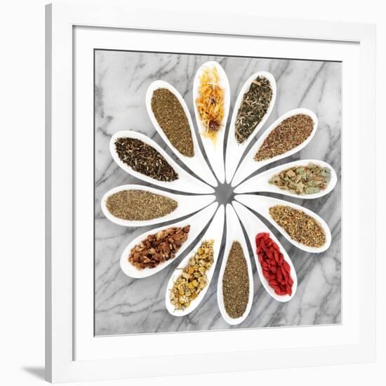 Herb Tea Selection In White Porcelain Dishes Over Marble Background-marilyna-Framed Premium Giclee Print