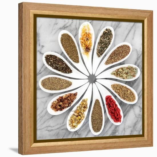 Herb Tea Selection In White Porcelain Dishes Over Marble Background-marilyna-Framed Stretched Canvas