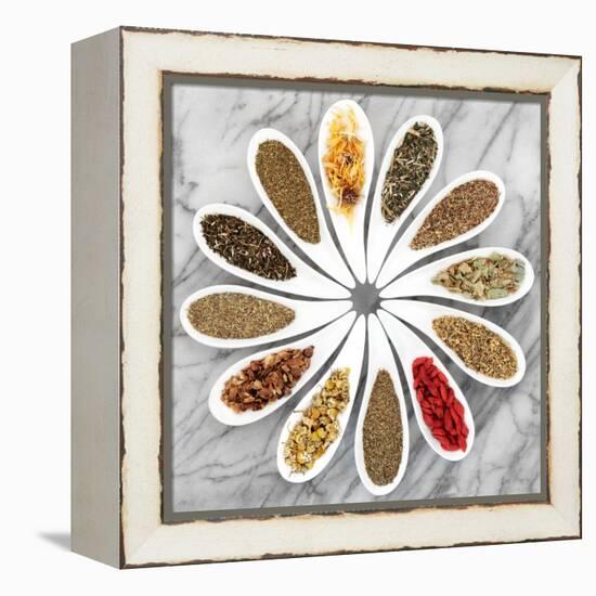 Herb Tea Selection In White Porcelain Dishes Over Marble Background-marilyna-Framed Stretched Canvas
