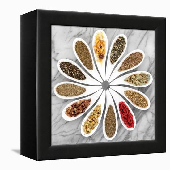Herb Tea Selection In White Porcelain Dishes Over Marble Background-marilyna-Framed Stretched Canvas