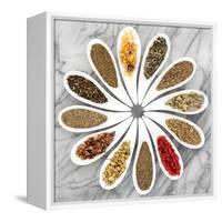 Herb Tea Selection In White Porcelain Dishes Over Marble Background-marilyna-Framed Stretched Canvas