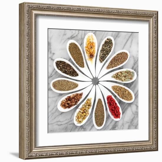 Herb Tea Selection In White Porcelain Dishes Over Marble Background-marilyna-Framed Art Print