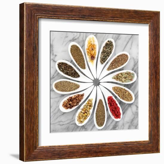 Herb Tea Selection In White Porcelain Dishes Over Marble Background-marilyna-Framed Art Print