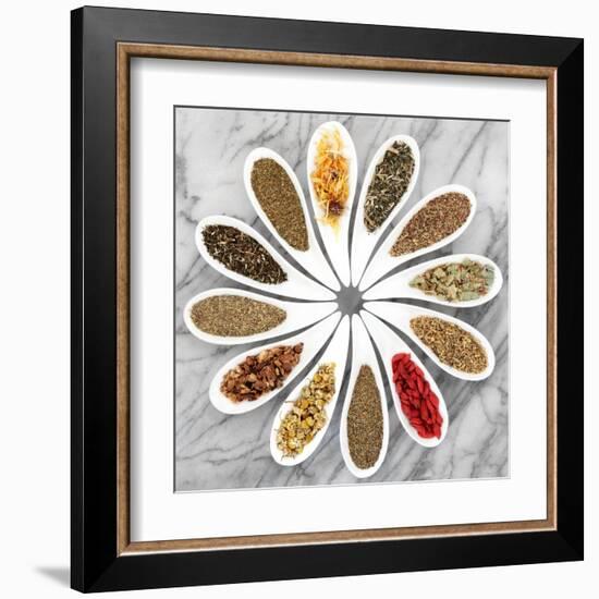 Herb Tea Selection In White Porcelain Dishes Over Marble Background-marilyna-Framed Art Print