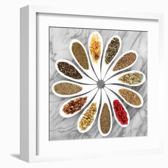 Herb Tea Selection In White Porcelain Dishes Over Marble Background-marilyna-Framed Art Print