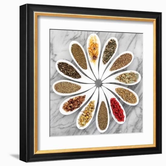 Herb Tea Selection In White Porcelain Dishes Over Marble Background-marilyna-Framed Art Print