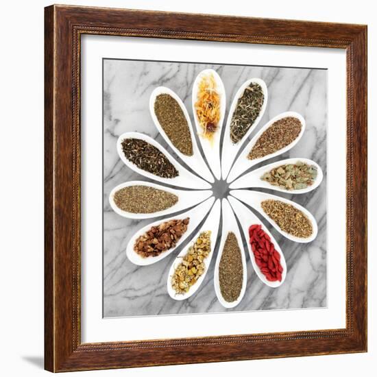 Herb Tea Selection In White Porcelain Dishes Over Marble Background-marilyna-Framed Premium Giclee Print