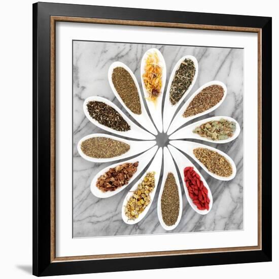 Herb Tea Selection In White Porcelain Dishes Over Marble Background-marilyna-Framed Premium Giclee Print