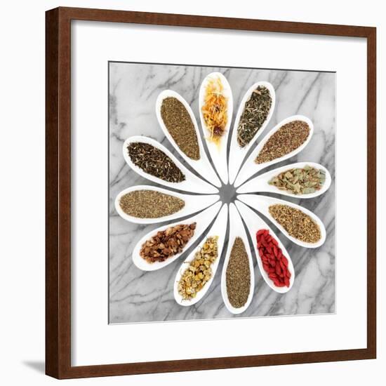 Herb Tea Selection In White Porcelain Dishes Over Marble Background-marilyna-Framed Premium Giclee Print