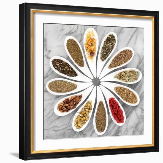 Herb Tea Selection In White Porcelain Dishes Over Marble Background-marilyna-Framed Premium Giclee Print