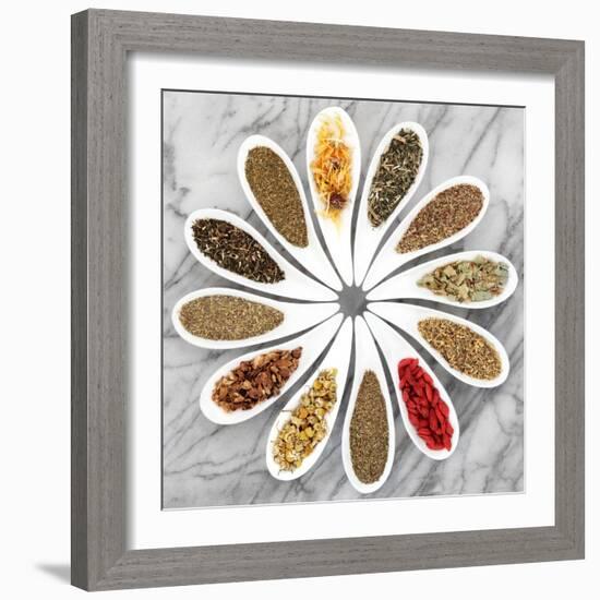 Herb Tea Selection In White Porcelain Dishes Over Marble Background-marilyna-Framed Art Print