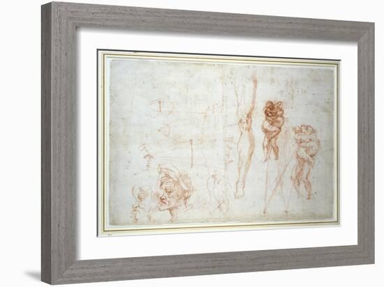 Hercules and Antaeus and Other Studies, C.1525-28-Michelangelo Buonarroti-Framed Giclee Print