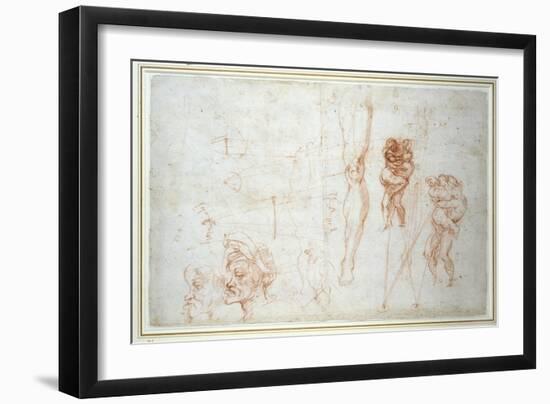 Hercules and Antaeus and Other Studies, C.1525-28-Michelangelo Buonarroti-Framed Giclee Print