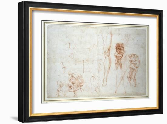 Hercules and Antaeus and Other Studies, C.1525-28-Michelangelo Buonarroti-Framed Giclee Print