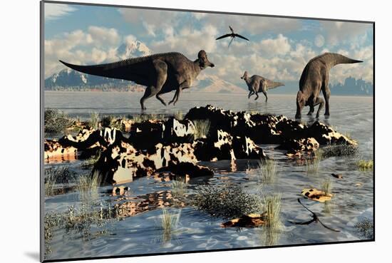 Herd of Corythosaurus Duckbill Dinosaurs Grazing-null-Mounted Art Print