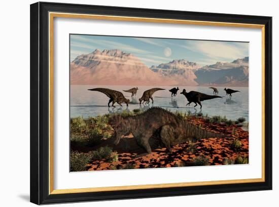 Herd of Corythosaurus Duckbill Dinosaurs Grazing-null-Framed Art Print