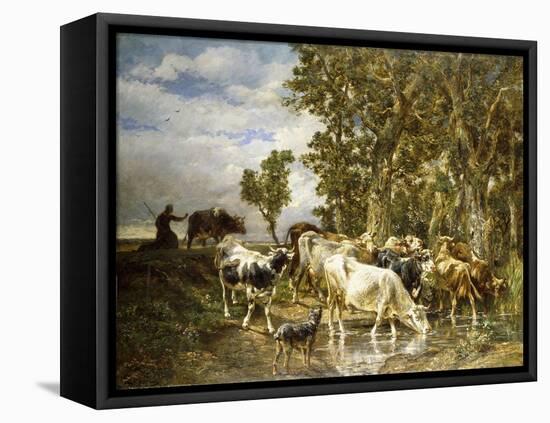 Herd of Cows at a Drinking Pool-Charles Emile Jacque-Framed Premier Image Canvas