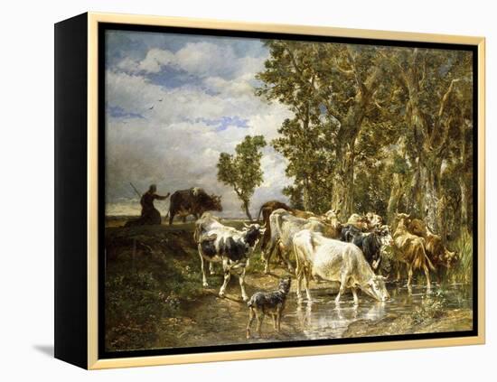 Herd of Cows at a Drinking Pool-Charles Emile Jacque-Framed Premier Image Canvas