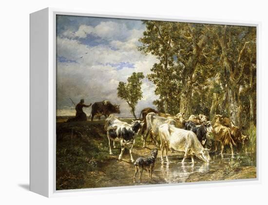 Herd of Cows at a Drinking Pool-Charles Emile Jacque-Framed Premier Image Canvas