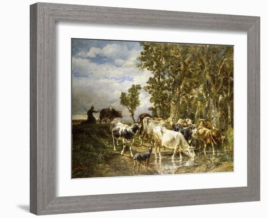 Herd of Cows at a Drinking Pool-Charles Emile Jacque-Framed Giclee Print