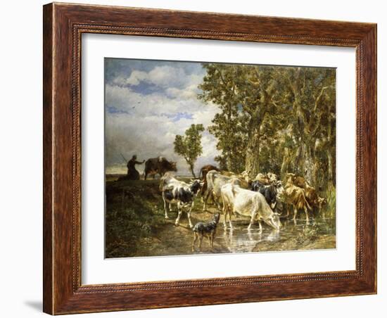 Herd of Cows at a Drinking Pool-Charles Emile Jacque-Framed Giclee Print