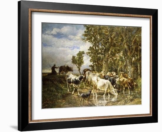 Herd of Cows at a Drinking Pool-Charles Emile Jacque-Framed Giclee Print