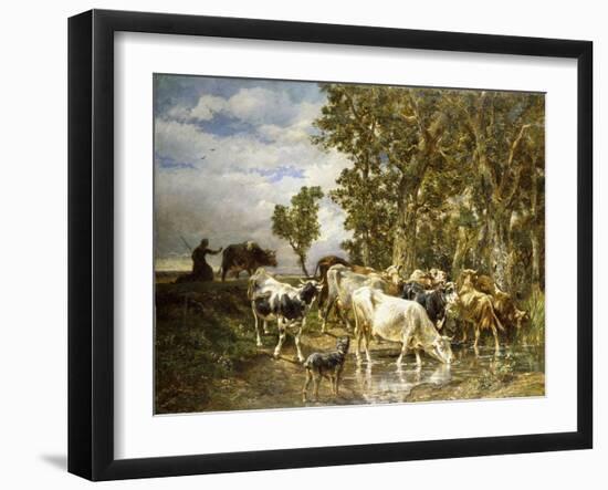 Herd of Cows at a Drinking Pool-Charles Emile Jacque-Framed Giclee Print